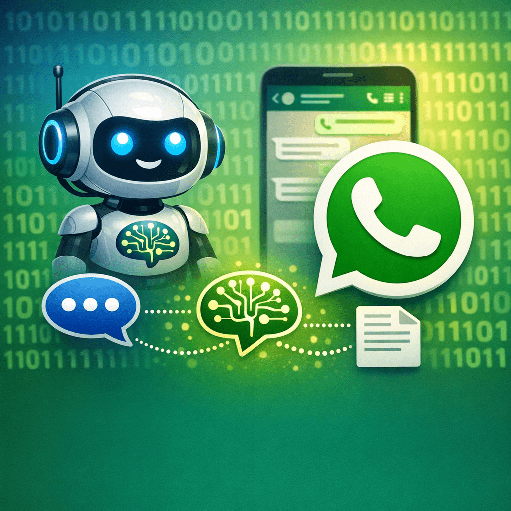 Imagene de un robot rodeado de iconos como el Whatsapp, messenger, un móvil de fondo. Tonos verdes y azules