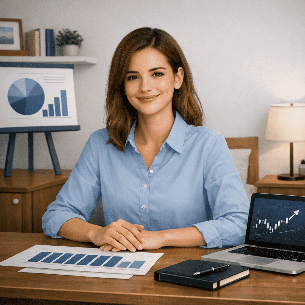 Chica feliz, sentada en su habitación con ordenador enseñando curvas de inversión de fondos.