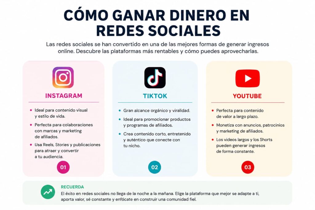Resumen de cómo ganar dinero en Instagram, Tiktok o Youtube