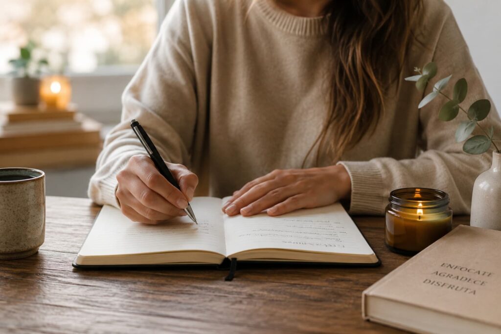 Persona escribiendo un diario.