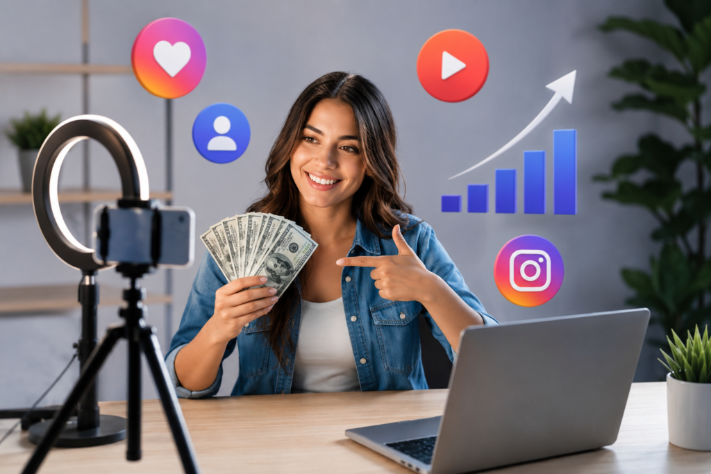 Chica feliz con dinero delante de un ordenador y los logos de las diferentes redes Sociales