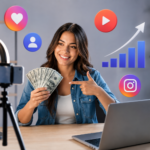 Chica feliz con dinero delante de un ordenador y los logos de las diferentes redes Sociales