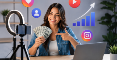 Chica feliz con dinero delante de un ordenador y los logos de las diferentes redes Sociales