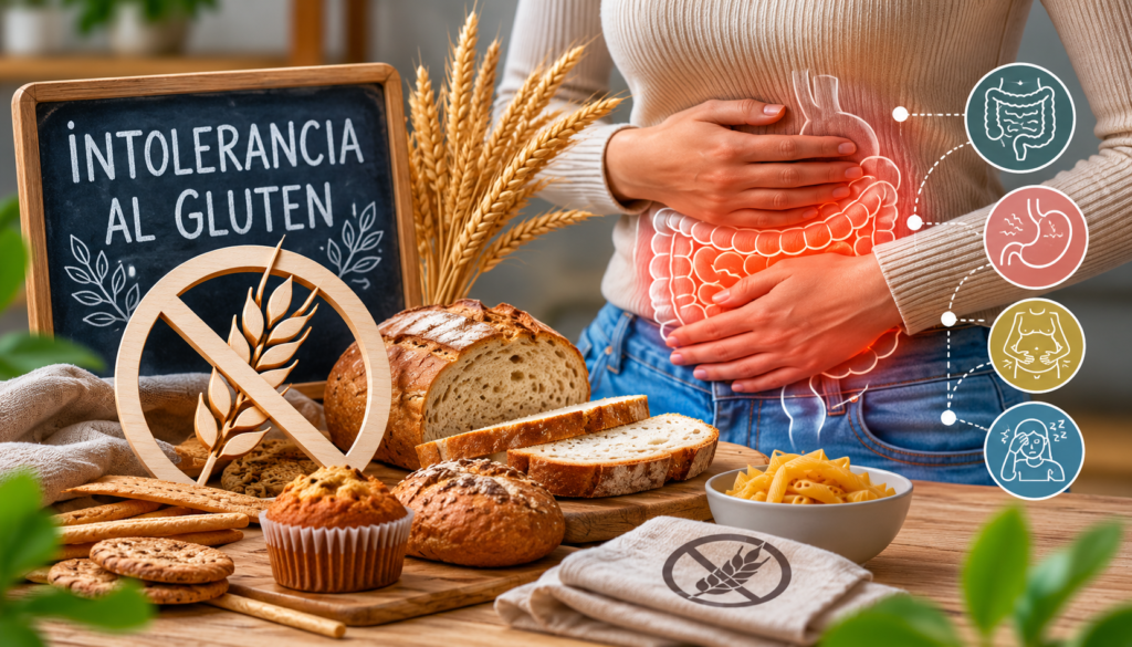 Imagen de una persona rodeada de panes y gluten a la que le duele la tripa.