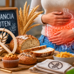 Imagen de una persona rodeada de panes y gluten a la que le duele la tripa.