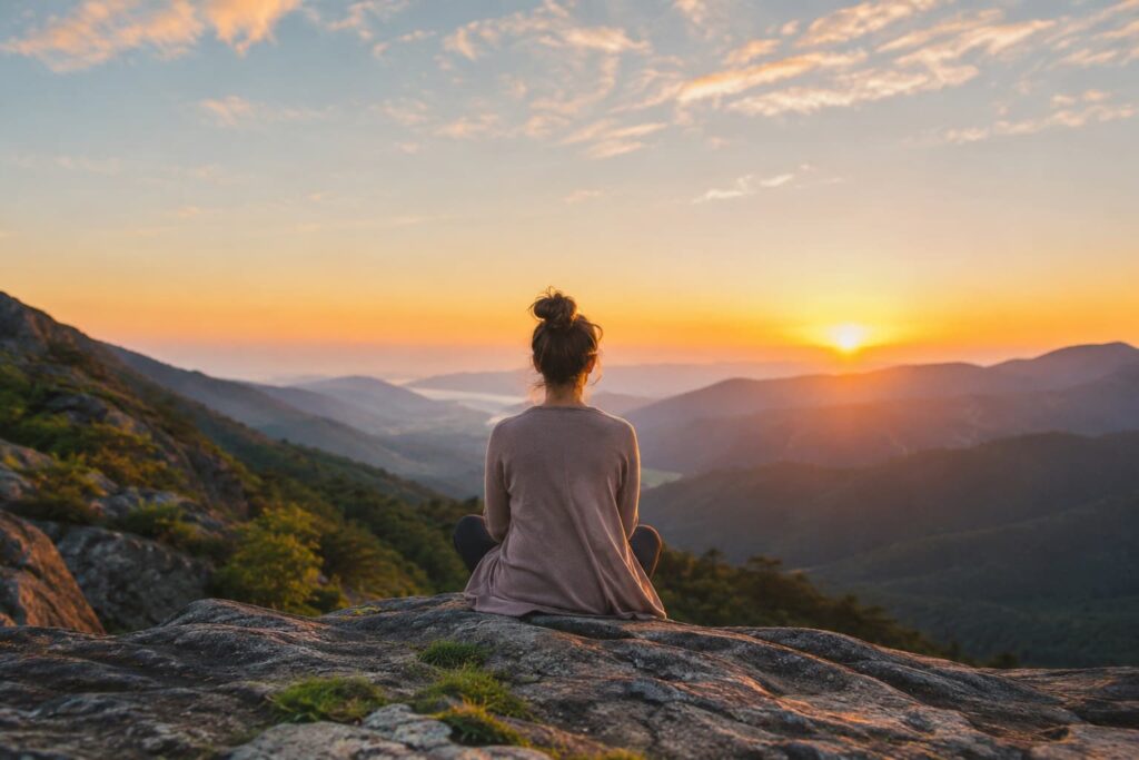 Una chica de espaldas frente a una puesta de sol entre montañas. Paisaje inspirados