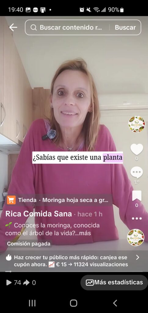 Pantallazo de mi primer vídeo como afiliada de unas hierbas de la tienda de TIKTOK (TiktokShop)