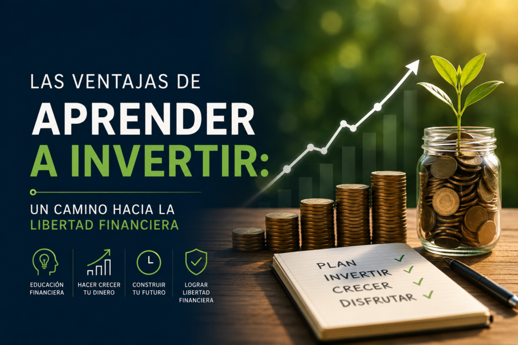 Gráfico ascendente junto a varias pilas de monedas y un tarro lleno de ahorro con una planta creciendo, representando el aprendizaje de la inversión, el crecimiento del patrimonio y la libertad financiera.