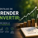 Gráfico ascendente junto a varias pilas de monedas y un tarro lleno de ahorro con una planta creciendo, representando el aprendizaje de la inversión, el crecimiento del patrimonio y la libertad financiera.