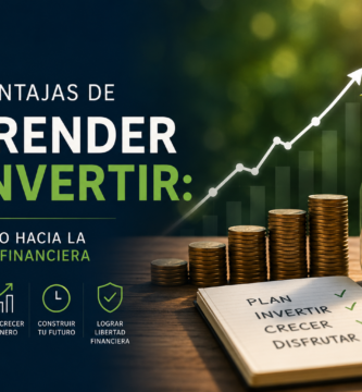 Gráfico ascendente junto a varias pilas de monedas y un tarro lleno de ahorro con una planta creciendo, representando el aprendizaje de la inversión, el crecimiento del patrimonio y la libertad financiera.