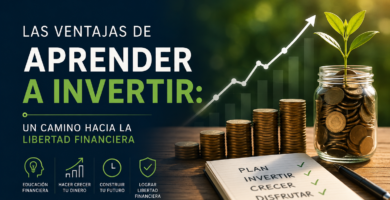 Gráfico ascendente junto a varias pilas de monedas y un tarro lleno de ahorro con una planta creciendo, representando el aprendizaje de la inversión, el crecimiento del patrimonio y la libertad financiera.