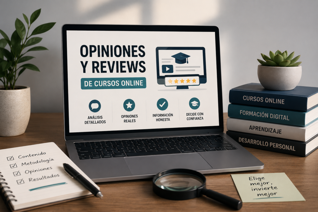 Un ordenador con una pantalla donde pone "opiniones y review". Y una lupa encima de la mesa.