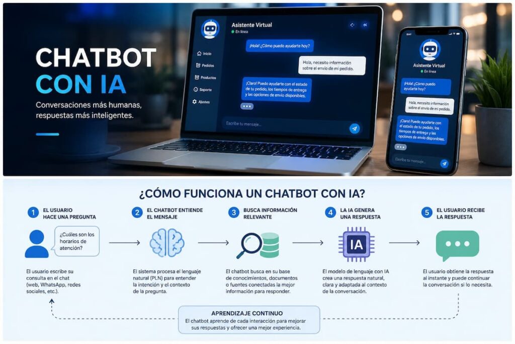 Portada un ordenador y un móvil ilustrando el chat bot con IA