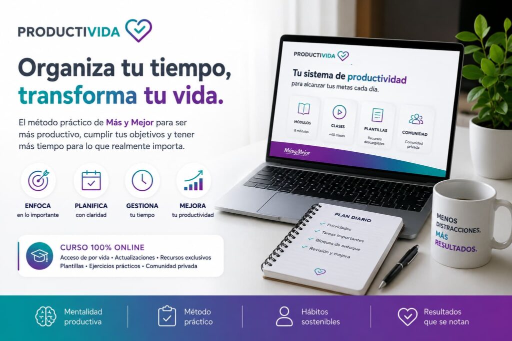 ProductiVIDA. Imagen del título con ordenador y un cuaderno tipo agenda.