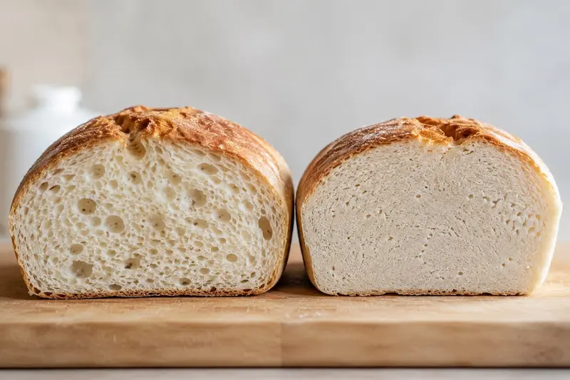 comparación de miga de pan sin gluten bien horneado y gomoso