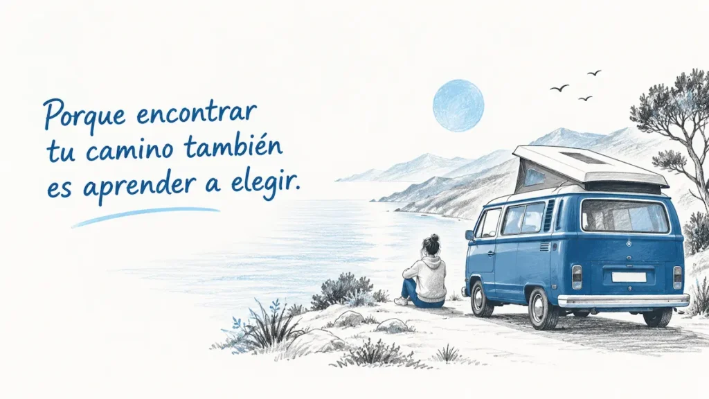Una chica al lado de su camper en medio de la naturaleza